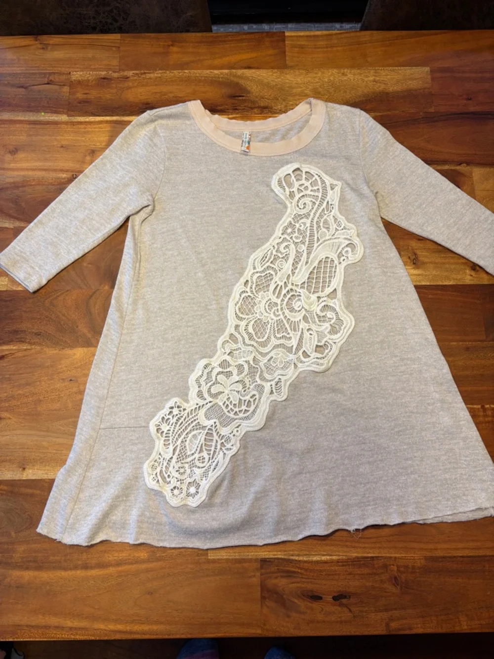 Free People Heathered Grey Crochet Lace Tunic Top 3/4 Sleeve Boho - Small